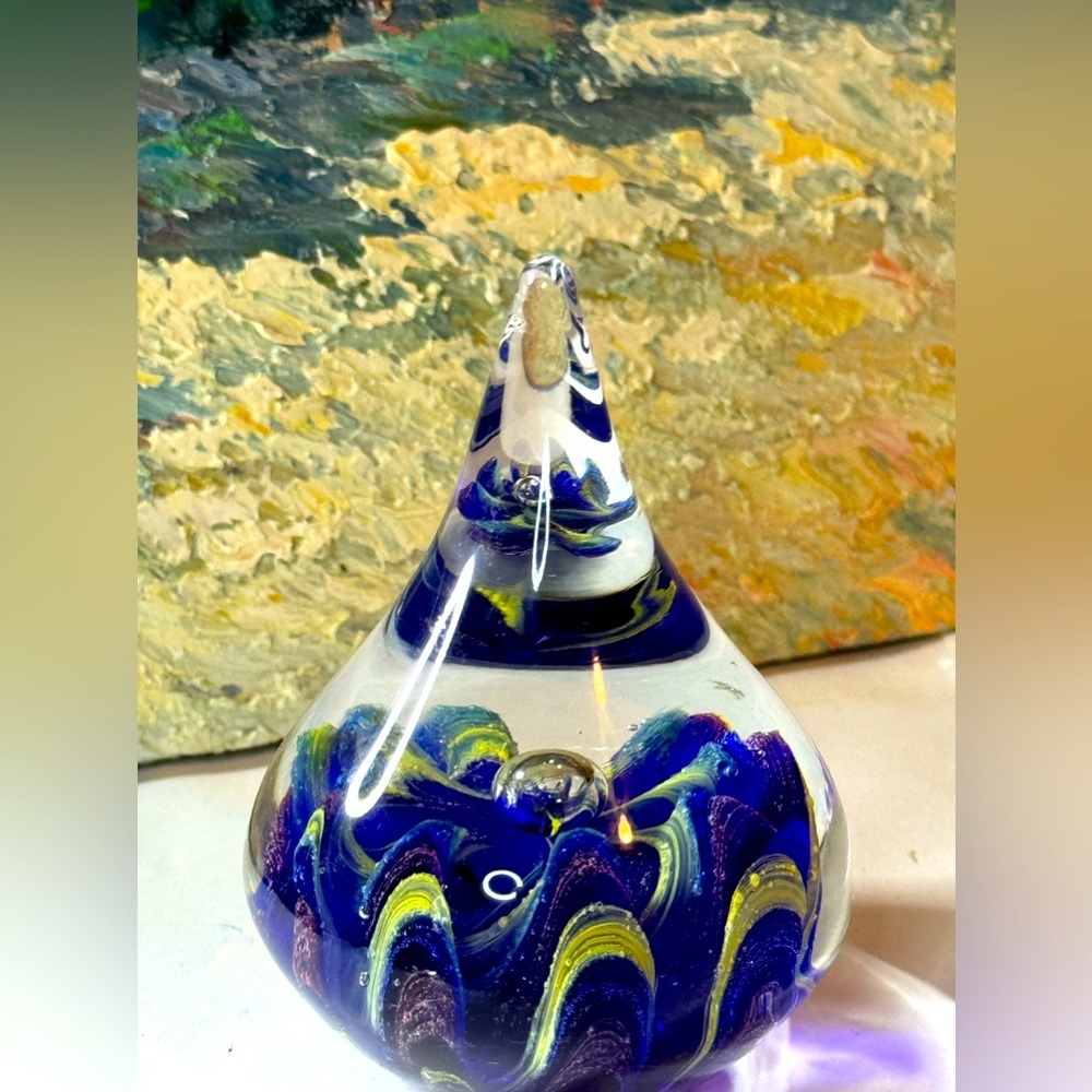 M Design Art Handcraft Clear Glass Blue Waves Tear Drop Paperweight